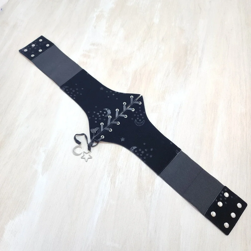 Black Velvet Celestial Moon Star Lace Up Corset Waist Belt Gothic Witchy Cinch S